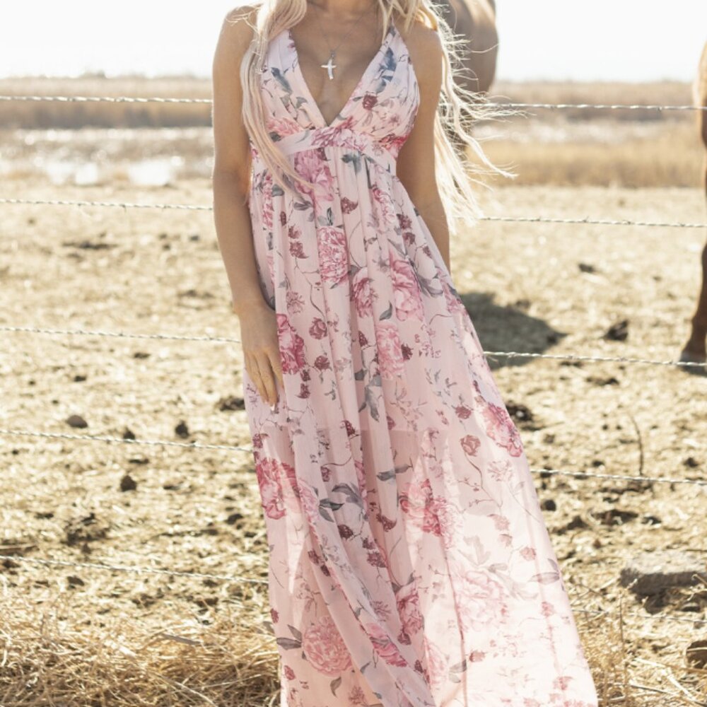 LAST ONE Pink Floral Pleated Bust Deep V Empire Waist Backless Maxi Dress